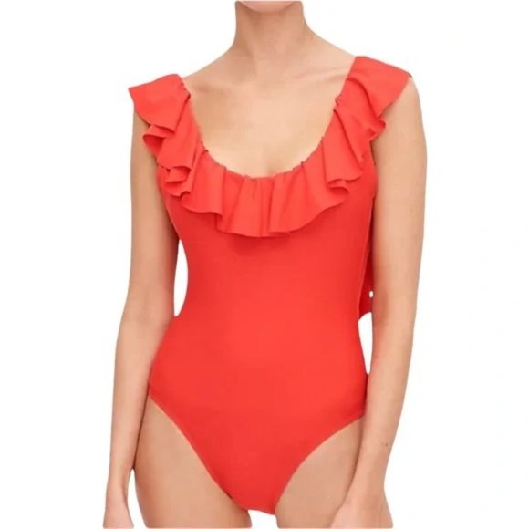 J. Crew Swim J Crew Ruffle Scoopback One Piece Swimsuit Bright Cherise New With Flaw Ak952
